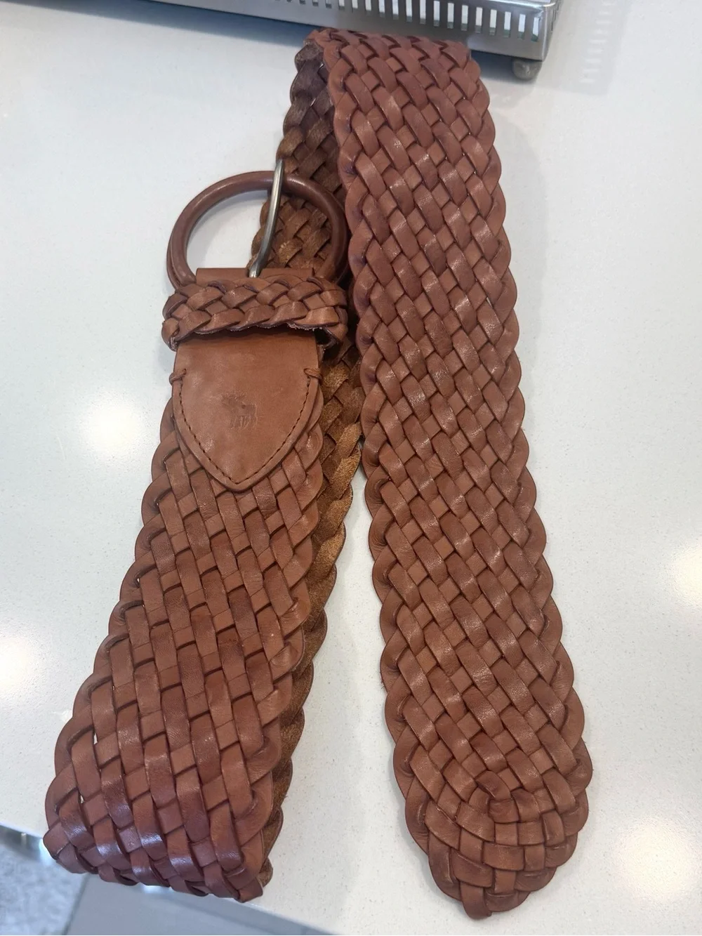 ABERCROMBIE & FITCH Vintage Wide Woven Leather Belt in Summer Cognac Size M/L